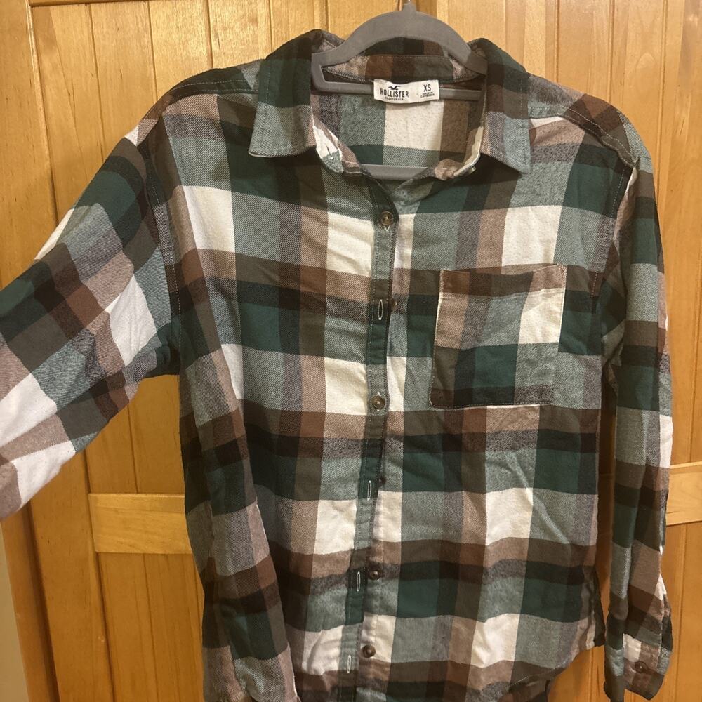 Hollister Women's Green Brown White Plaid Flannel Shirt Size XS Button Down
